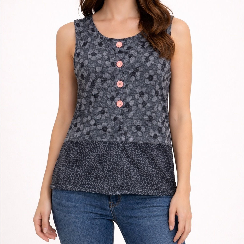 Women’s Gray Floral Patchwork Tank with Pink Buttons